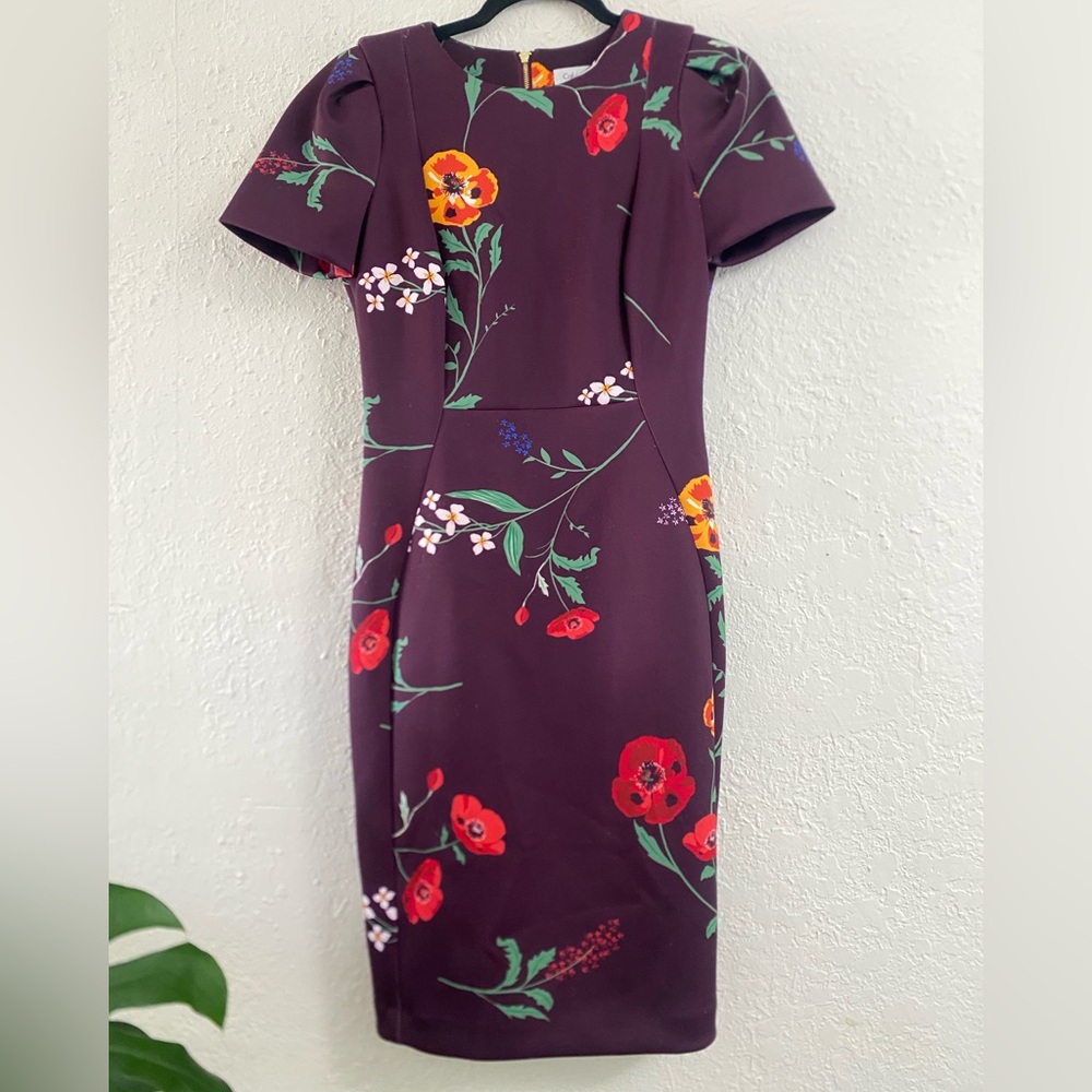 Calvin Klein Purple Puff Shoulder Floral Midi Sheath Dress size 4